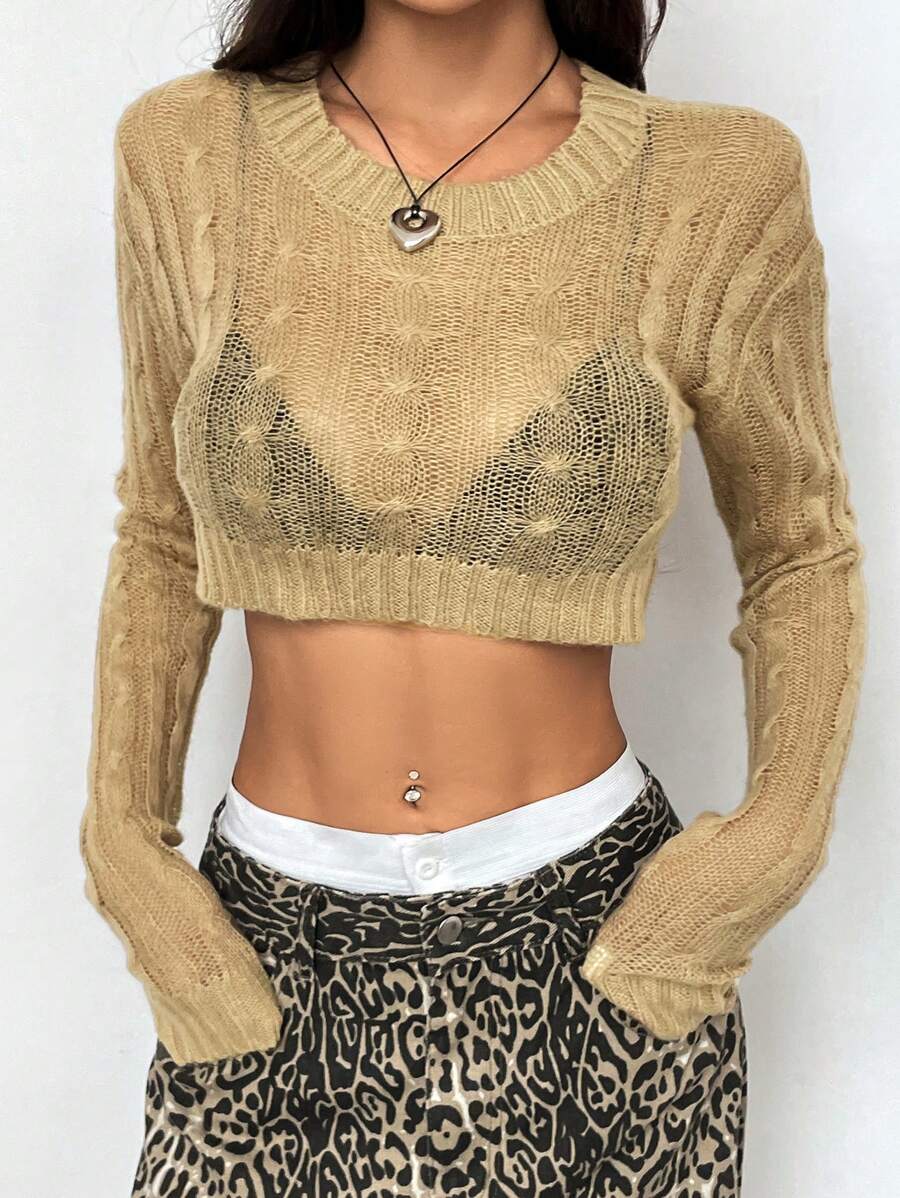 SHEIN Unity Solid Long Sleeve Crop Sweater Without Bra For Dailywear, Knit Pullover Fall Winter - Khaki - View 1
