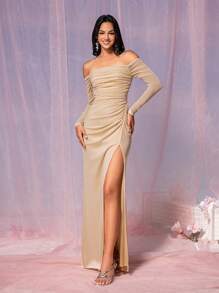 SHEIN Belle Women's Elegant Khaki Stretch Korean Net Silver Silk Fabric Off Shoulder Long Sleeve Tube Top Gathered Fit High Slit To The Thigh A-Line Hem Suitable For Wedding Events Formal Bridesmaid Dress