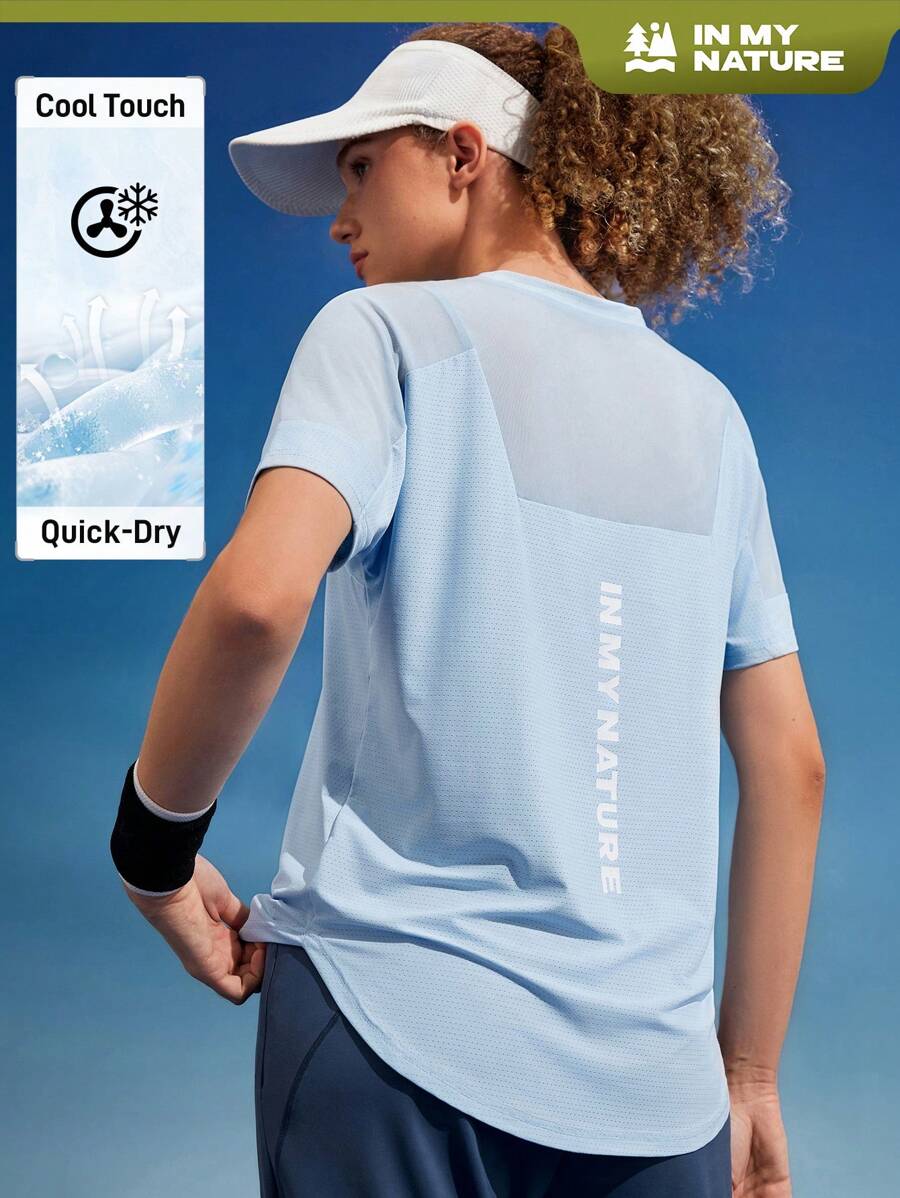 In My Nature 女士夏季纯色网眼拼接透视圆领短袖户外T恤徒步旅行女装 - 藍色 - 查看 1