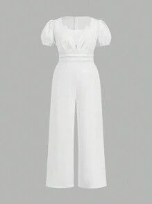 SHEIN Privé Cộng với kích thước Bộ áo liền quần màu trắng tay phồng giản dị và thanh lịch thoải mái có đường viền cổ cho phụ nữ, vừa vặn - trắng - Xem 7