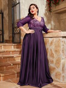 Váy xòe ren thêu cổ chữ V cỡ lớn, tay áo dài vừa phải, màu tương phản, bằng vải satin, khóa trang trí, váy phù dâu thanh lịch - Màu tím - Xem 3