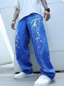 Manfinity Roghcode Loose-Fit Men's Lightning Print Wide-Leg Jeans