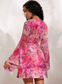 Opulessa 女式性感優雅海灘假期印花裙，配有蝴蝶結後背和超長喇叭袖