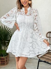 SHEIN VCAY Vacation Women's White Wedding Elegant Romantic Lace Two-Piece Dress Set - White - View 5