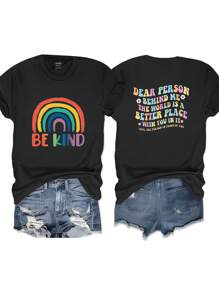 INAWLY Plus Size Rainbow Alphabet Graphic Áo thun nữ, Mùa hè NGƯỜI KÍNH MANG PHÍA SAU TÔI THẾ GIỚI LÀ MỘT NƠI TỐT HƠN VỚI BẠN TRONG NÓ TÌNH YÊU, NGƯỜI TRƯỚC TRƯỚC BẠN - màu đen - Xem 3