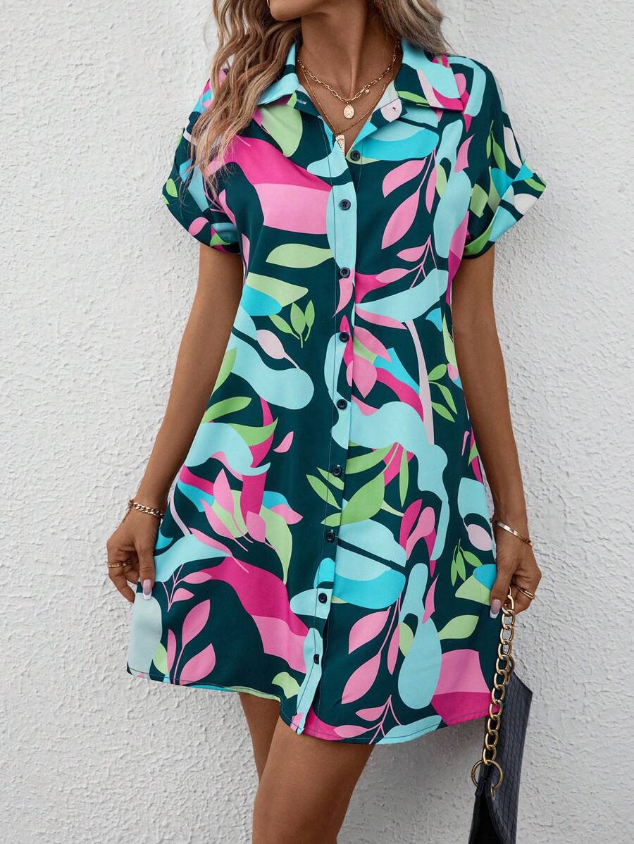 Breezaya 女士蝙蝠印花短袖纽扣衬衫裙度假海滩装 - 墨綠色 - 查看 1