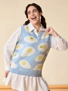 Gudetama X SHEIN Plus Size Cute Egg Printed V-Neck Sweater Vest - Blue - View 1