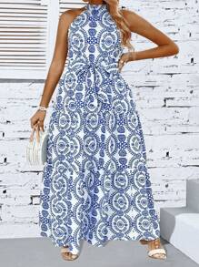 SHEIN Clasi Vestido maxi de mujer de talla grande con cuello halter y estampado, para el verano