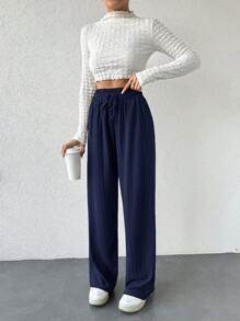 EURMUSE Women's Casual Wide Leg Pants With Elastic Waistband And Drawstring, H-Shaped Design - Navy Blue - View 3