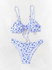 Swim Mod Ladies' Summer Beach Ditsy Floral Front Tie Sexy Bikini Set, 2 Pieces - Blue and White - View 7