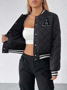 SHEIN PETITE 字母貼布條紋修飾拼接棉夾克運動外套 - 黑色 - 查看 8