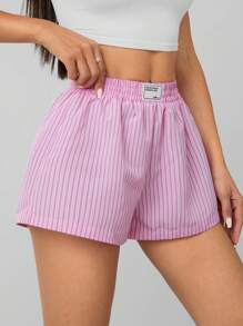 SHEIN PETITE 女士粉白條紋腰帶字母裝飾彈性腰短褲 - 粉色 - 查看 7