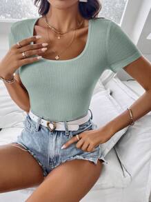SHEIN Clasi Áo thun nữ tay ngắn cổ vuông màu trơn mùa hè kiểu dáng ôm vừa vặn - Màu xanh Bạc hà - Xem 6