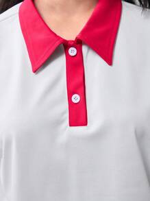 SHEIN Teen Girl Knitted Colorblock Turn-Down Collar Short Sleeve T-Shirt And Skirt Casual 2pcs/Set - Hot Pink - View 4
