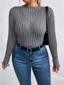 SHEIN LUNE Plus Size Women's Simple Solid Color Long Sleeve Sweater Pullover For Daily Wear Knit Pullover Fall Winter - Grey - View 5
