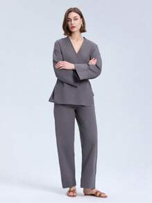 Solid Color V-Neck Cross Wrap Kimono Style Belted Top And Pants Casual Set - Dark Grey - View 1