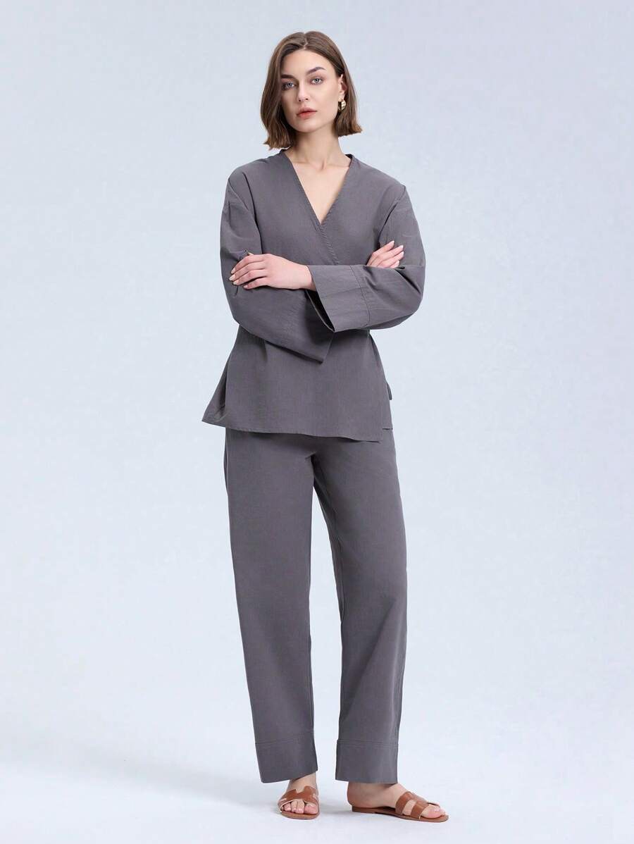 Solid Color V-Neck Cross Wrap Kimono Style Belted Top And Pants Casual Set - Dark Grey - View 1