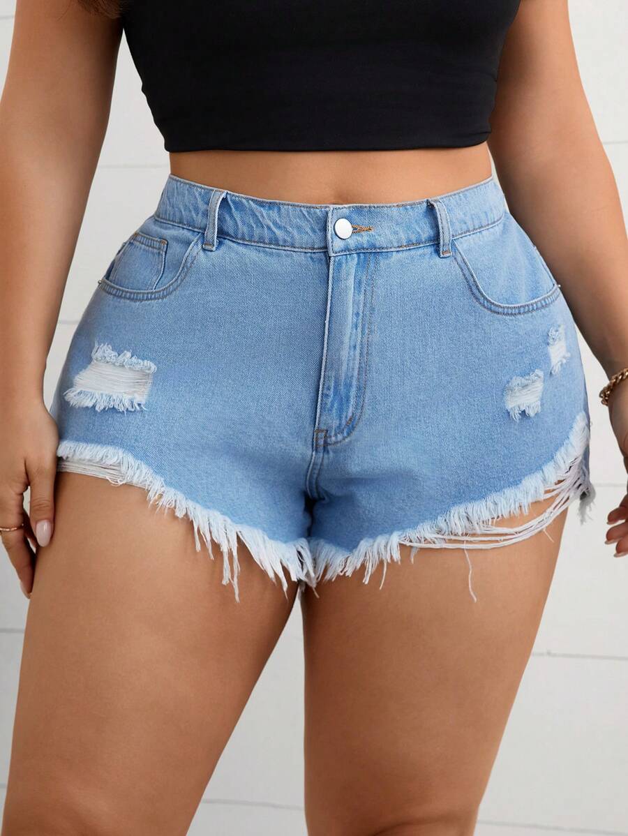 SHEIN Clasi Women's Plus Size Solid Color Simple Casual Denim Shorts - Light Wash - View 1