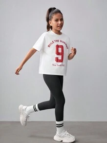 SHEIN 青少女針織純色T恤，短袖織帶結，落肩袖印花圖案