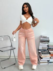 SHEIN SXY Women's Casual Straight-Leg Jeans With Pockets - Baby Pink - View 5