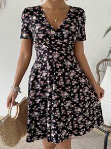 SHEIN VCAY Vestido Con Estampado Floral De Florecitas Con Cuello Sobrepelliz - Multicolor - Ver 3