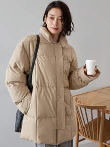 FRIFUL 1 件女士宽松纯色保暖棉服外套冬季 - 棕色 - 查看 4