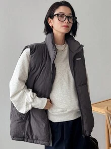 FRIFUL Giacca smanicata imbottita da donna con colletto alto, ricamo a lettera, vestibilità ampia e casual, con cordoncino in vita e orlo con coulisse