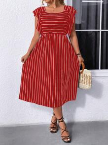 SHEIN LUNE Plus Striped Print Ruffle Trim Dress - Red - View 6