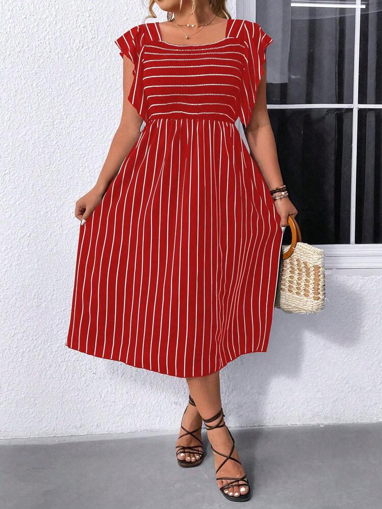 SHEIN LUNE Vestido de talla grande con estampado a rayas y ribete de volantes - Rojo - Añade 6