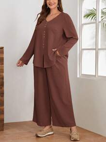 EMERY ROSE Plus Size Women's Plain Simple Daily Long Sleeve Top And Pants Two Pieces Set - Mocha Brown - View 4