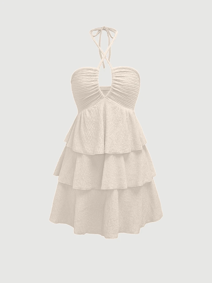 SHEIN Unity Hollow Out Pleated Cake Hem Dress With Back Neck Tie, Casual Vacation Style - Apricot - View 1