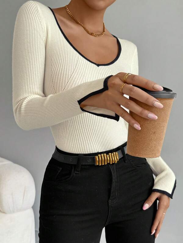 Celisse Schmale Damen Lässig Pullover mit schwarzem Rand, Spaltmanschette, Langarm Oberteile