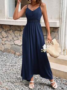 SHEIN Frenchy Detail Waist And Lace Splicing Swing Cami Dress For Vacation Summer Casual Blue - Navy Blue - View 4