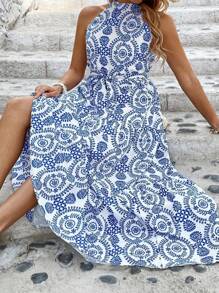 SHEIN Clasi Vestido maxi de mujer de talla grande con cuello halter y estampado, para el verano