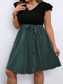 EMERY ROSE 大碼斑點印花荷葉邊繫腰帶洋裝 - 彩色 - 查看 3