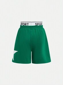 Shorts casuales deportivos para primavera/verano para niñas preadolescentes, tejidos de cintura con estampado de estrellas y bloques de color