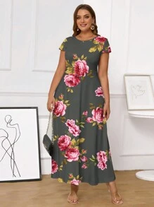SHEIN Clasi Vestido de mujer de talla grande, largo, ajustado, con cintura fruncida y estampado de flores