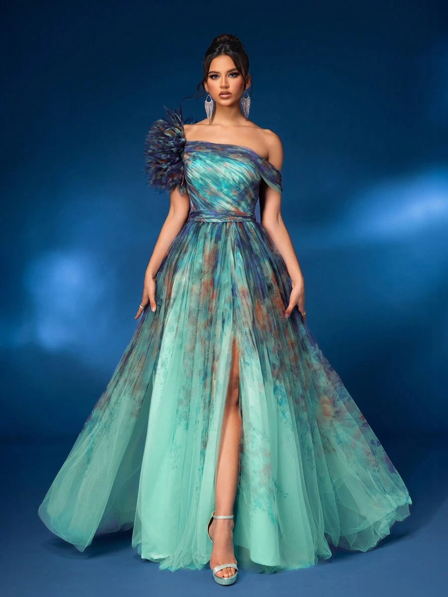 Glamrae 优雅蓝色渐变网眼浪漫花卉数码印花肩部夸张 3D 花朵腰部高腰连衣裙，适合约会、度假、单身派对、毕业典礼、婚礼、特殊场合、正式晚宴、宴会舞会晚会婚礼宾客礼服