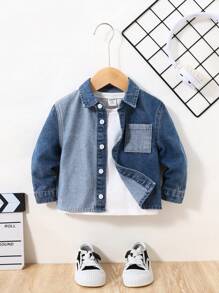 SHEIN Camisa vaquera azul de manga larga suave de color parche casual linda para niños pequeños, ropa de vuelta al colegio - Azul lavado medio - Ver 1