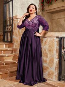 Váy xòe ren thêu cổ chữ V cỡ lớn, tay áo dài vừa phải, màu tương phản, bằng vải satin, khóa trang trí, váy phù dâu thanh lịch - Màu tím - Xem 4