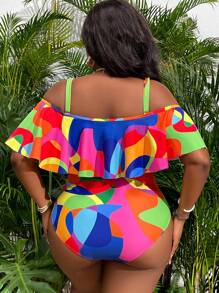 Slaydiva Plus Size Summer Beach Print Ruched Lace Off Shoulder One-Piece Swimsuit - Multicolor - View 2