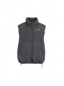 FRIFUL Giacca smanicata imbottita da donna con colletto alto, ricamo a lettera, vestibilità ampia e casual, con cordoncino in vita e orlo con coulisse