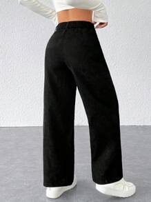 SHEIN PETITE Black Corduroy Women's Wide Leg Trousers - Black - View 4