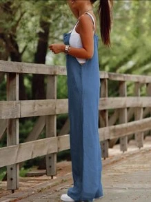 Macaquinho Casual de Passeio/Piquenique, Decote Quadrado com Bolso, Perna Reta, Roupa de Verão Feminina - Azul - Visão 3