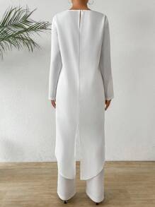 Chiquease Handmade Flower Round Neck Long Sleeve Asymmetrical Hem Blouse & Pants Set - White - View 2