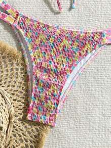 女士夏季海滩碎花抹胸吊带性感比基尼套装 2 件套，随机印花 - 彩色 - 查看 4