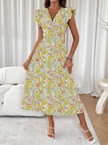 SHEIN LUNE V-Neck Allover Print Dress With Full Hem Ruffles (Random Cutting Print) - Baby Blue - View 3