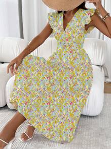 SHEIN LUNE V-Neck Allover Print Dress With Full Hem Ruffles (Random Cutting Print) - Baby Blue - View 5