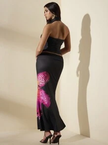 SHEIN BAE 2 chiếc khăn choàng cổ in hoa trang nhã dành cho nữ & trang phục váy nàng tiên cá, dành cho tiệc bể bơi, kỳ nghỉ ở bãi biển, đêm hẹn hò - màu đen - Xem 2