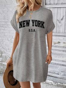 SHEIN LUNE Casual New York Print Loose Round Neck Short Sleeve Dress, Suitable For Summer Suitable For Going Out Chic Dress